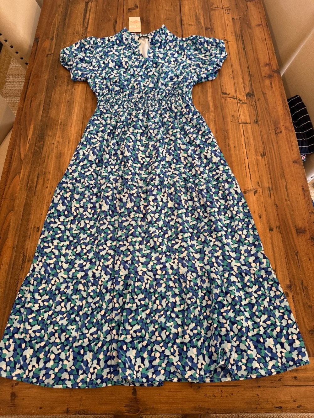 Blue Floral Midi Dress with Elastic Waist